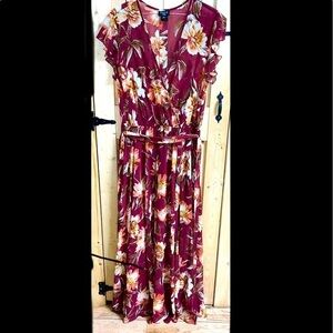 Alexa B nites burgundy floral maxi wrap flowy dress sz 14 ruffled cap sleeve